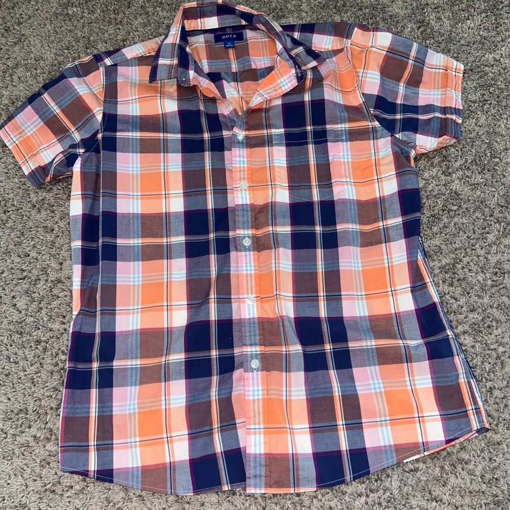 Apt. 9 Men's Medium Plaid‎ Short Sleeve Button-Up Shirt, Orange Blue Brown